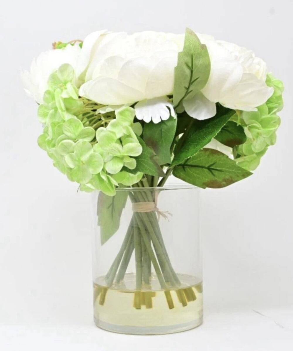 13" Artificial Peony Hydrangea and Tulip Glass Arrangement